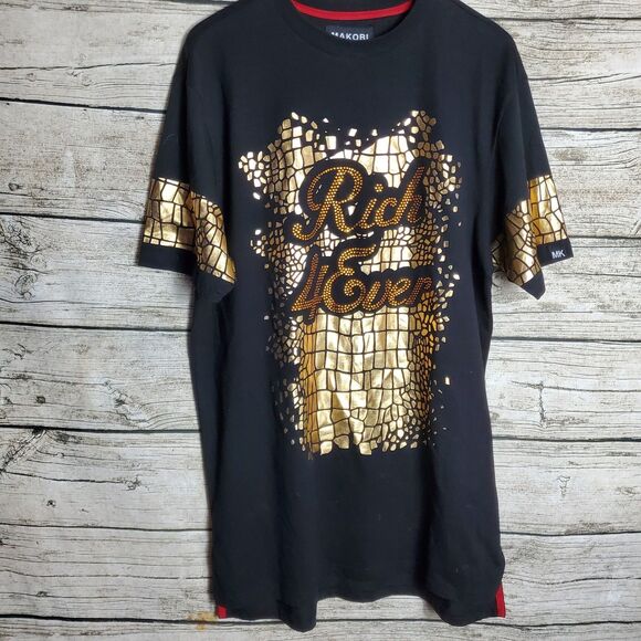 Makobi Men’s Black & Gold T-Shirt “RICH 4 EVER” Size Large - Picture 1 of 8